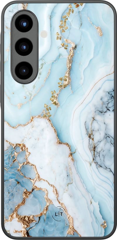 Hoesje geschikt voor Samsung Galaxy A57 - Marmer babyblauw - Luxe Glazen Hardcase - Marmer - Blauw