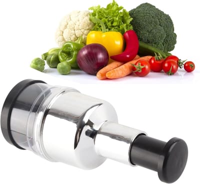 Handmatige Hakmolen - RVS - Ui en Knoflook Snijder - Hakker met Drukknop - RVS Groentesnijder - Keukenhulp voor Uien, Groenten & Kruiden - Vaatwasserbestendig - Handmatige Food Processor - Zilver/Zwart