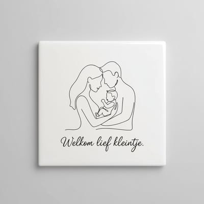 Welkom Baby Keramische Tegel “Welkom lief kleintje” – Minimalistische Familie Lijntekening, Kraamcadeau, Woondecoratie Tegel 15 x 15 cm