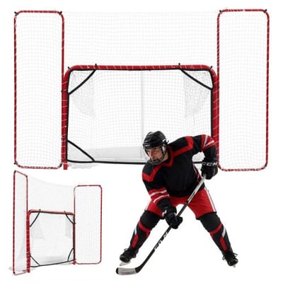 VEVOR hockeydoel met net en targets 307 x 183 cm, straathockey, metalen hockeydoelset wit/rood, lichtgewicht en draagbaar trainingsmateriaal, stevig net voor binnen- en buitengebruik