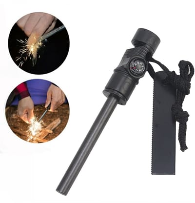 Vuurstarter - Vuursteen strijker, Noodfluit en kompas - Magnesium stick - Magnesium staaf - Vonken maker survival - Firesteel voor outdoor, Kamperen en survival – Strijker - zwart - LOUZIR