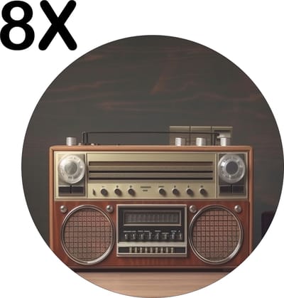 Luxe Ronde Placemat - Vintage Radio met Donkere Achtergrond - Set van 8 Placemats - 50x50 cm - 2 mm dik Vinyl - Anti Slip - Afneembaar