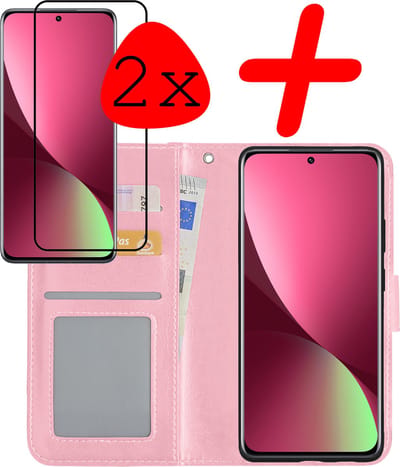 Hoesje Met 2x Screenprotector - Geschikt voor Xiaomi 12 - Luxe Pasjeshouder - Bookcase Portemonee - Flip Case - Kunstleer Book Case - Flipcase Hoes - Book Cover - Walletcase - Portemonneehoes - Lichtroze
