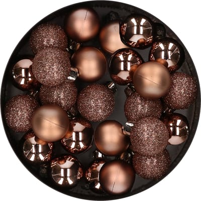 Decoris Kerstballen - 28 ST - mini - walnoot bruin - kunststof - 3 cm - glans/mat/glitter