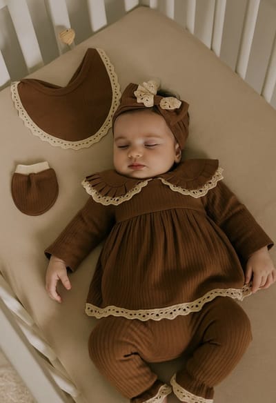 Dutchdreumes babyset Chic in Kant bruin romantische babyset luxe babykledingset maat 50/56 5 delige set 100% katoen
