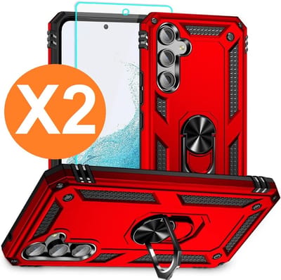 Hoesje Geschikt voor Samsung A05s Hoesje Rood Anti-Shock Hybrid Armor hoesje Met Draaibare Ring Houder - Samsung Galaxy A05s Screenprotector 2 pack