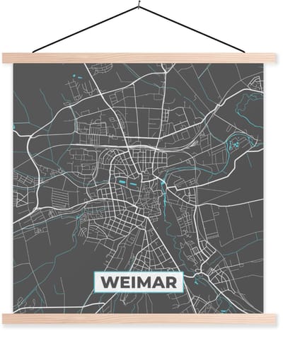 Posterhanger incl. Poster 40x40 cm - Schoolplaat - Blauw – Duitsland – Plattegrond – Stadskaart – Kaart – Weimar - Textielposter - Blanke latten - Stadskaart