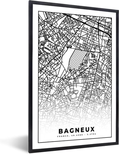 Fotolijst incl. Poster Zwart Wit- Stadskaart - Plattegrond - Kaart - Frankrijk - Bagneux - Zwart wit - 40x60 cm - Posterlijst