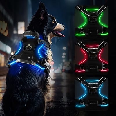 Hondenharnas met licht | Waterdicht en Oplaadbaar | Verstelbaar en Comfortabel voor Kleine, Middelgrote en Grote Honden | Zwart met Blauw | Veilig voor Avondwandelingen