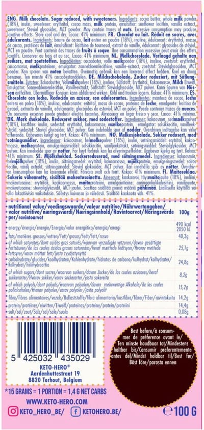 Keto Hero Chocolade Reep Melk - 100 gr