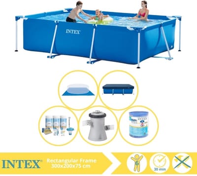Intex Rechthoekig Frame Zwembad - 300 x 200 x 75 cm - Blauw - Inclusief Afdekzeil - Onderhoudspakket - Zwembadfilterpomp - Filter - Grondzeil - 6-delig