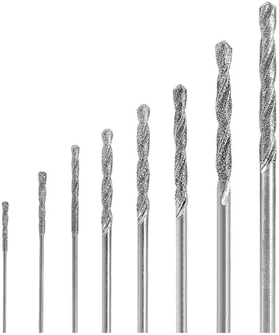 8-delige diamantpunt spiraalboorset, maten van 0,8 mm tot 3 mm, ideaal voor glas, metaal, schelpen, jade en parels, precisieboren voor veelzijdige toepassingen en hobbyprojecten