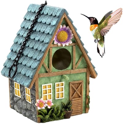Dailygoods- Vogelhuisje met decoratief dak - Houten Vogelhuisje - Hangvogelhuis - Afmetingen 21 x 15 x 13 cm - Voor binnen/buiten - Turquoise/Wit - Nestkast