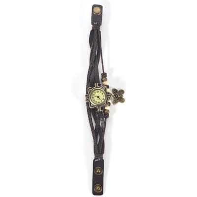 Gevlochten PU Armband Quartz Analoog Polshorloge met Vlinder Hanger (Koffieband) gray