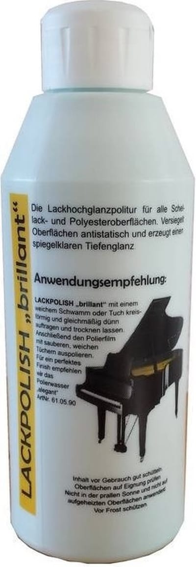 Poets-emulsie "Brillant" glansmiddel (250 ml) voor onderhoud piano, vleugel, elektrische gitaar e.a. instrument of meubel - Lack lak polish Briljant, Fles met dop 250 ml - poetsmiddel
