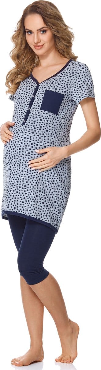 Bellivalini Dames Zwangerschapspyjama - Korte mouwen - Korte broek met borstvoedingsfunctie - Katoen - BLV-BLV50-126-PJ - Gemêleerd Sterren/Marineblauw - S