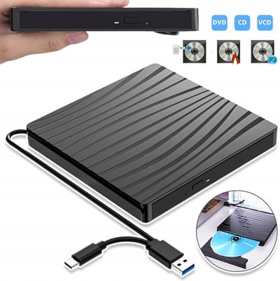 Draagbare Externe Optische Drive - USB A & Type-C 3.0 Snelheid - Lezen Schrijven Branden En Afspelen Van CD's/DVD's - Lichtgewicht 14x14 cm Fysieke Uitwerpfunctie - Voor Desktop Laptop En Ultrabook