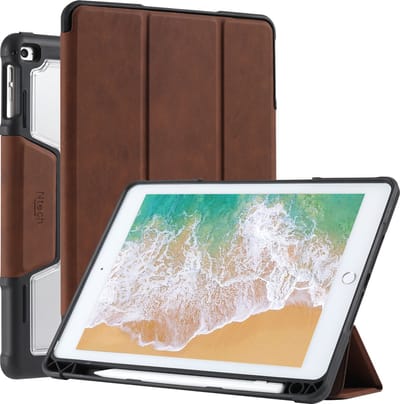 Tablet Hoes Geschikt voor iPad Hoes 5e, 6e, Air 1e, Air 2e Generatie - 9.7 inch (2017/2018) Smart Case Bruin met Harde Doorzichtige Achterkant / Sleep/Wake Functie iPad 2018 hoes premium leren case