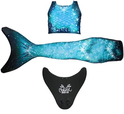 Mermaid Sisters Zeemeermin Staart Set voor Meisjes - Blauw - Maat 104-122 - Monovin & Bikini Zeemeermin Zwemkleding