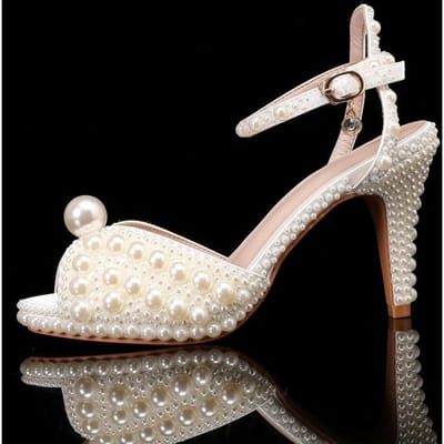 Alle Parel Strass Peep toe Dames Sandalen Enkelband Platform Dunne Hoge Hakken Elegante Bruids Bruiloft Schoenen 43 white