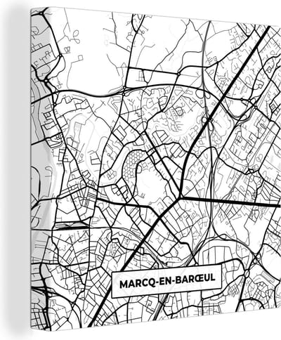 Canvas Schilderij Stadskaart - Plattegrond - Kaart - Marcq-en-Barœul - Frankrijk - Zwart wit - 20x20 cm - Wanddecoratie