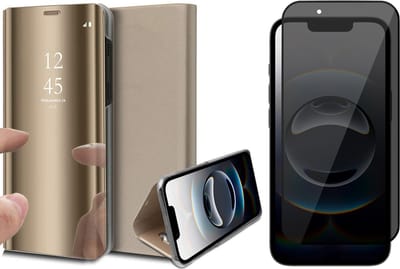 Hoesje geschikt voor iPhone 16e - Privacy Screenprotector Volledig Dekkend Glas - Spiegel Book Case Goud
