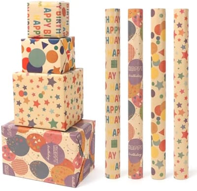 Verjaardag Cadeaupapier 4 Rollen Bruin en Kleurrijk 43 x 300 cm voor Kinderen
