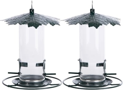 2x stuks vogel voedersilo met bladerdak metaal 23 cm - Vogelvoederhuisje - Vogelvoer - Vogel voederstation