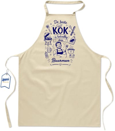 Basics - Unisex Schort - schort voor mijn buurman - keukenschort - BBQ schort - 65 x 90 cm - 100% katoen - De beste kok is toevallig deze buurman - ecru / kaki