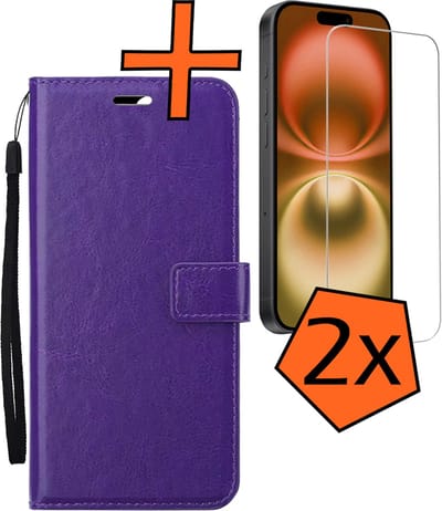 Hoes - Met 2x Screenprotector - Geschikt voor Apple iPhone 16 - Luxe Pasjeshouder - Bookcase Portemonee - Flip Case - Kunstleer Book Case - Flipcase Hoes - Book Cover - Walletcase - PortemonneeHoes - Paars
