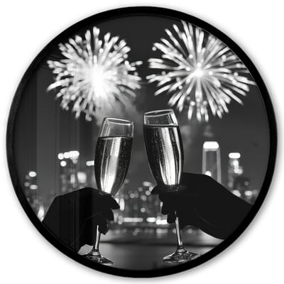 Poster in lijst Rond - Fotolijst 40x40 cm - Posters - Vuurwerk - Proosten - Skyline - Champagne - Ronde posterlijst zwart - Decoratie - Wanddecoratie woonkamer - Muurdecoratie slaapkamer
