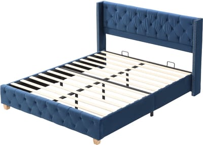 COVREO Bedframe 160x200 cm - blauw, velvet, lattenbodem, zonder matras