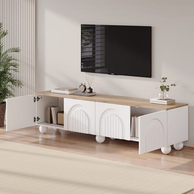 DESMIU Tv-Meubel - Ruim Lowboard Met 4 Deuren En Drukopeningssysteem - Voor Woonkamer En Grote Televisies - MDF Wit En Eikenlook - 180x40x45 Cm