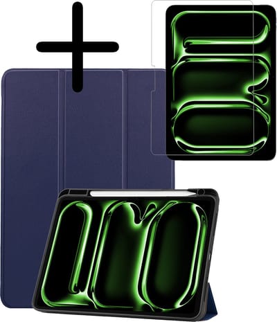 Hoesje Geschikt voor Apple iPad Pro (2024/2025) - 11 inch - Met Screenprotector - Trifold Bookcase - Hard Cover Case - Met Uitsparing Geschikt voor Apple Pencil - Hardcover Book - Tablet Hoes - Donkerblauw