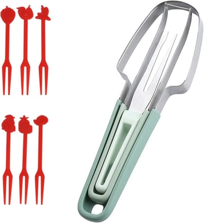 3-in-1 RVS Fruit Cutter met Dubbele Kop, Meloenvork en Snijmes, Ideaal voor Zomerfruit, Groene Watermeloen Snijder, Keukenaccessoires voor Fruitliefhebbers