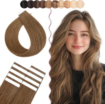 35 cm Echte Haar Extensions, Zelfklevend Steil, Lichtgewicht, 10 Stuks met Plakband, Fijn Volume, Chocoladebruin, Perfect voor Volumineuze Haarstijl