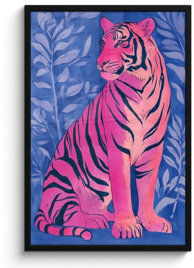 Poster in lijst - Fotolijst 60x90 cm - Posters - Tijger - Roze - Bladeren - Jungle - Posterlijst zwart - Decoratie - Wanddecoratie woonkamer - Muurdecoratie slaapkamer