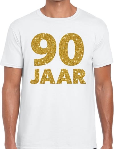 90 jaar goud glitter verjaardag t-shirt wit heren - verjaardag shirts S