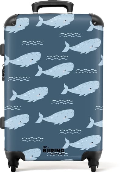 NoBoringSuitcases.com - Grote koffer - Walvis met golven patroon blauw - Kinderkoffer geschikt voor jongen en meisjes - Reiskoffer met 4 wielen - Trolley op wieltjes - Rolkoffer groot kinderen - 72 liter - Ruimbagage valies 20kg