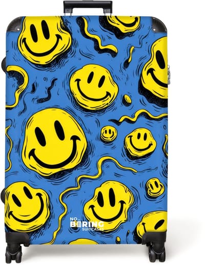 NoBoringSuitcases.com® - Koffer groot - Reiskoffer lichtgewicht - Gele kronkelende smiley's op een blauwe achtergrond - Rolkoffer met 4 wielen - Grote trolley XL - 98 liter bagage