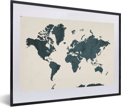 Poster in lijst - Fotolijst 60x40 cm - Posters - Wereldkaart - Blauw - Bruin - Posterlijst zwart - Decoratie - Wanddecoratie woonkamer - Muurdecoratie slaapkamer
