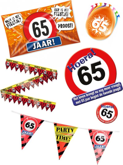 65 jaar verjaardag versiering pakket – vlag - gevelvlag – ballon – paperdreams