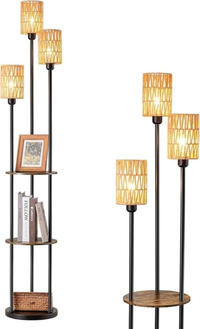 Thuys - Vloerlamp met 3 Verlichtingen - 175 cm Metalen Staande Lamp met Rotan Kappen en Plank - Incl. 3 LED-lampen voor Woonkamer Slaapkamer - Voetschakelaar - Zwart