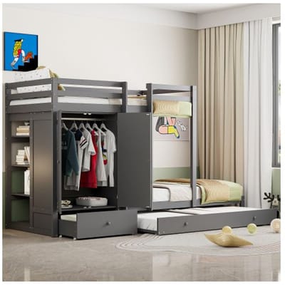 Massief houten stapelbed - MUVOE - 90x200 - Uitschuifbed - Ingebouwde kast - Opberglades grijs