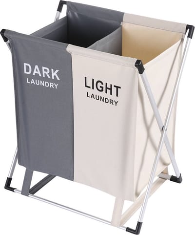 Wassorteerder - 60 L - Wasmand 2 Vakken - Opvouwbare Wasmanden - Wassorteerder 2 vaks - Aluminium Frame - Grijs - Wit
