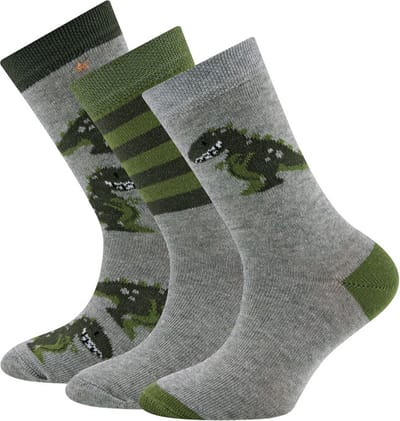Ewers Kindersokken - 3-PACK - Lichtgrijs/Groen met Dinosaurus & Lichtgrijs/Groen Gestreept & Dinosaurussen met Sterren-23/26