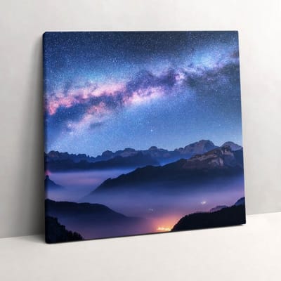 Wallfluent Foto Op Canvas Sterrenhemel boven de bergen - 60 x 60 cm - Blauw Schilderijen Op Canvas Doek - Landschappen Canvas Foto - Natuur Schilderij Op Doek - Kunst Canvas Schilderij