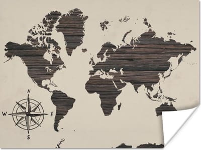 Poster - Wereldkaart - Hout - Vintage - 40x30 cm