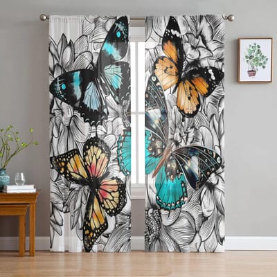 Bloem Vlinder Kleur Tule Gordijnen voor Slaapkamer Hal Woonkamer Decor Chiffon Gordijn voor Balkon Keuken Huis Gordijnen 135W x 114H(cm) white