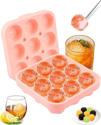 Dailygoods- IJsblokjesvorm met deksel - 9 vakken - Rozenvormig - BPA-vrij - Siliconen - 3,5 x 3,5 cm - Ijsballen